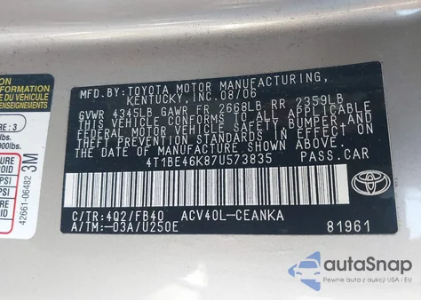 2007 Toyota Camry Ce z USA, uszkodzony, nr VIN 4T1BE46K87U573835